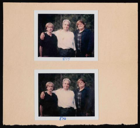 Two photos are set on a yellowing paper background. In both photos, a man in a white shirt stands with his arm wrapped around a man in a black shirt. On their left is a man in a jean jacket and flannel shirt.