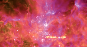 Still from a movie following the evolution of a massive (20,000 solar mass) star-forming molecular cloud nicknamed the "Anvil of Creation," showing the stars and gas after millions of years.