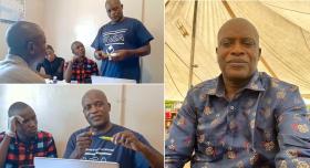 In three images, a man works with students in a classroom.