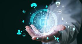 A hand gestures towards an image depicting various healthcare-related icons connected by a network, leading to "AI" at the center.