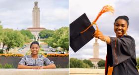 In side-by-side images, Merci Paulhill poses in front of the UT tower and holds out her graduation cap while in robes.