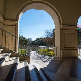 Main building view through arches